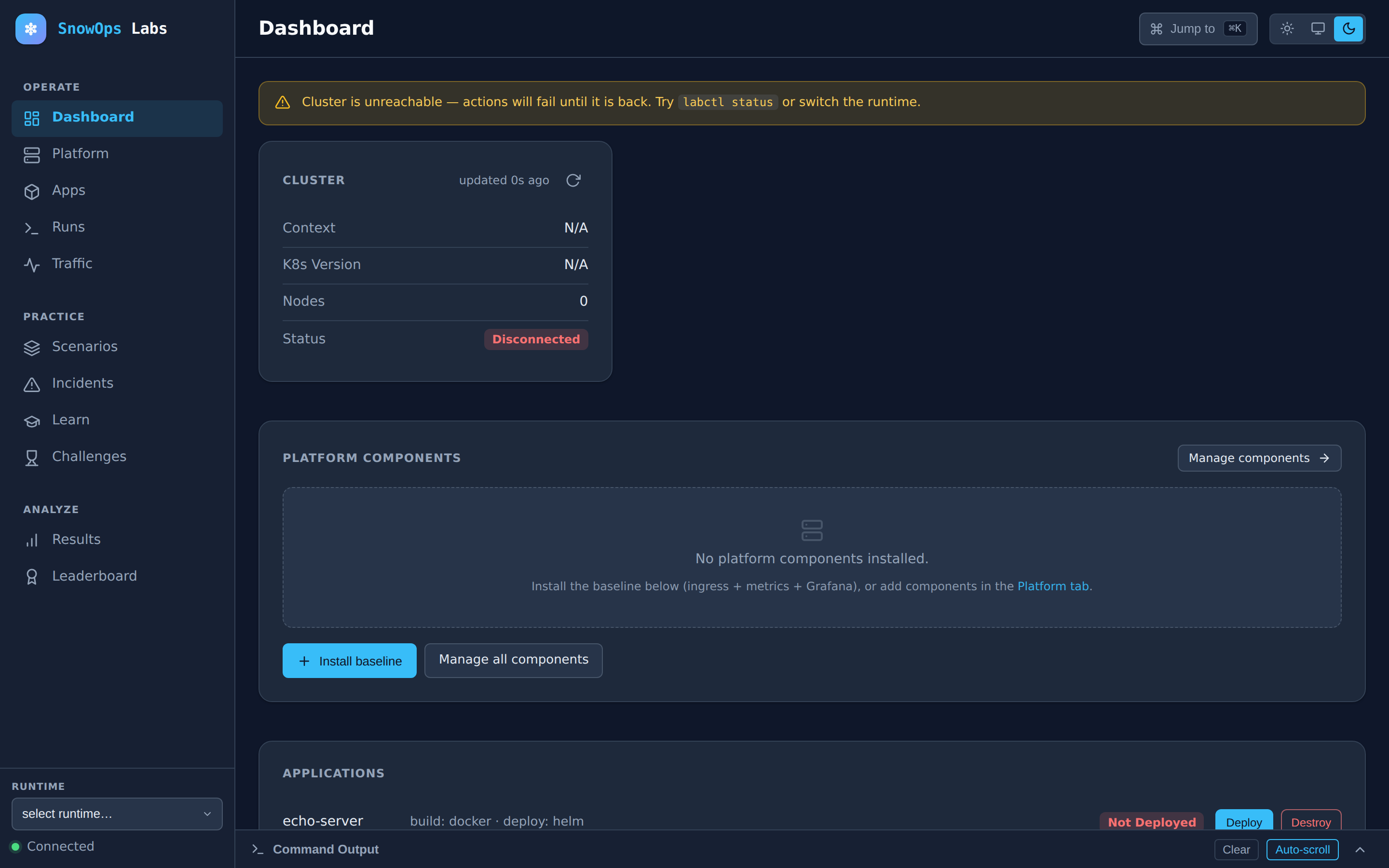 The dashboard showing cluster status, platform components and app controls.