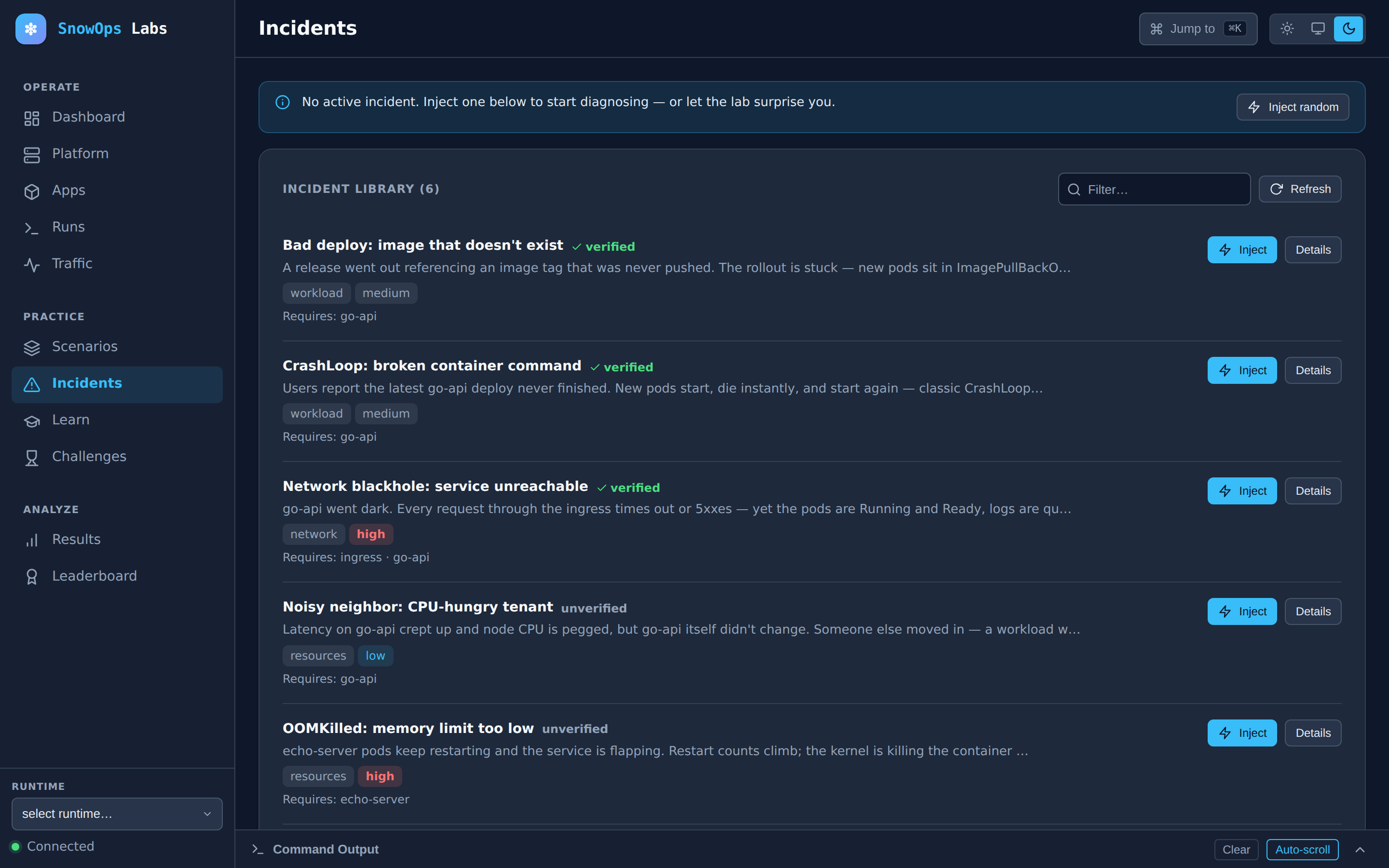 The labctl incident library: reversible faults listed with severity and verified badges.