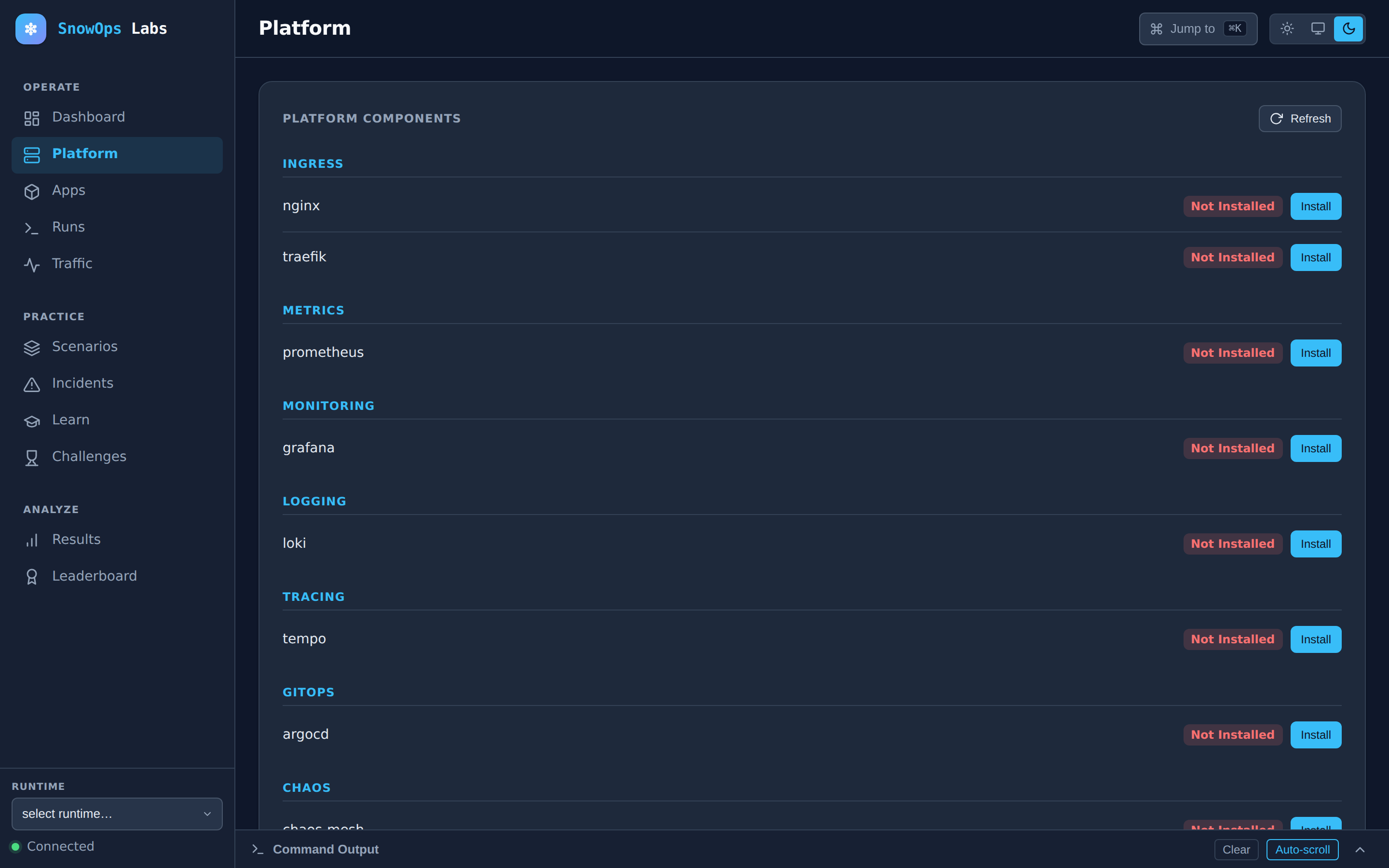 Platform components grouped by category, each installable with one click.